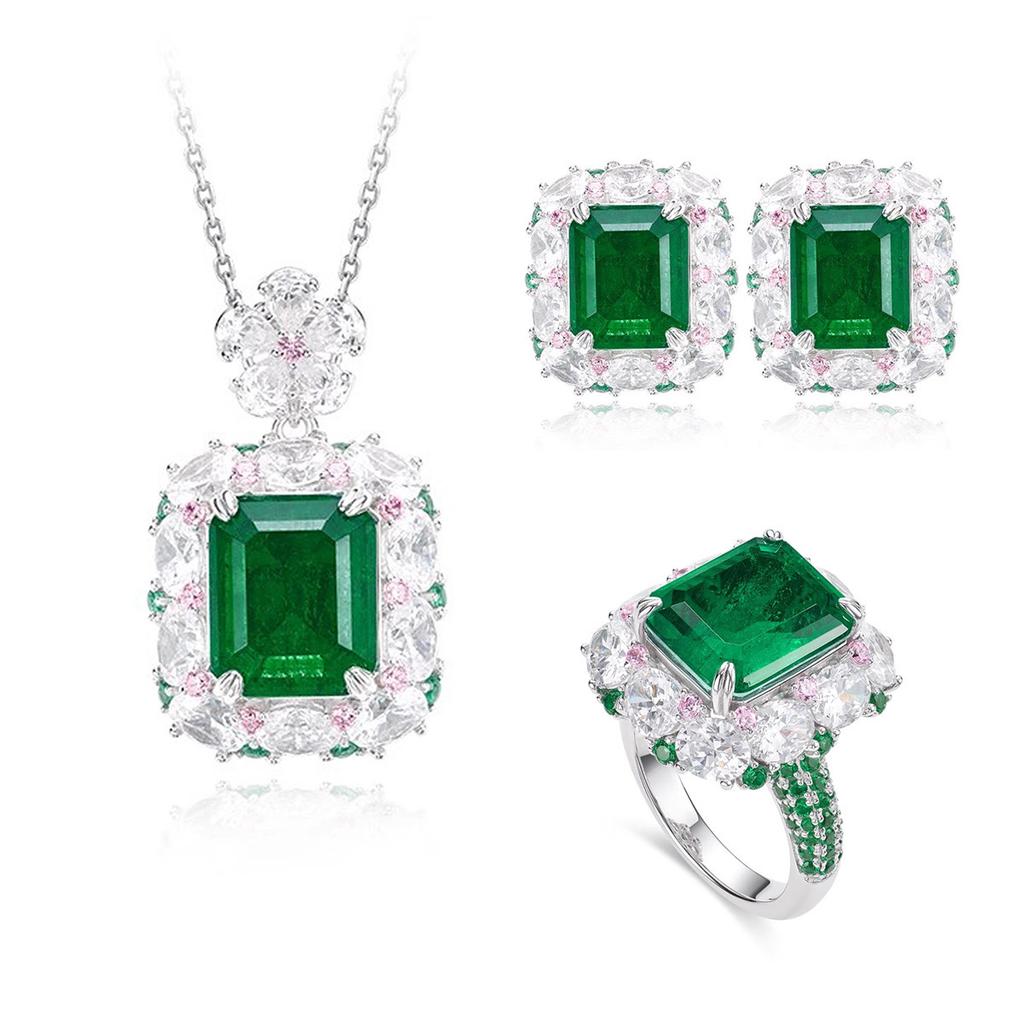 Vintage Green Diamond Pendant, Open Ring, Premium Stud Earrings, Luxury Setting, Cultivated Synthetic Emerald Set.