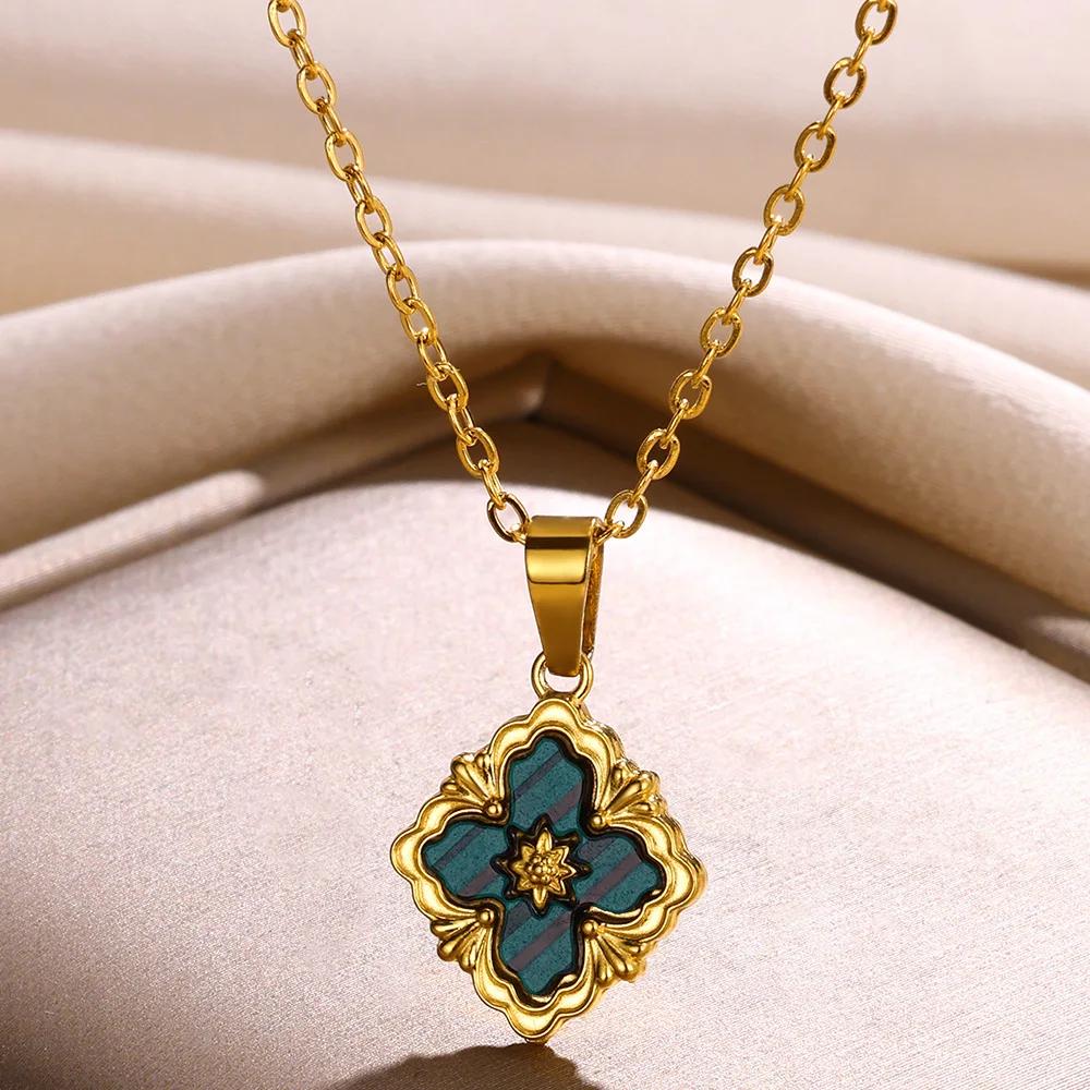 Stainless Steel Luck Clover Pendant Necklaces For Women Vintage Gold Color Flower Charm Clavicle Chain Jewelry Accessories Gift