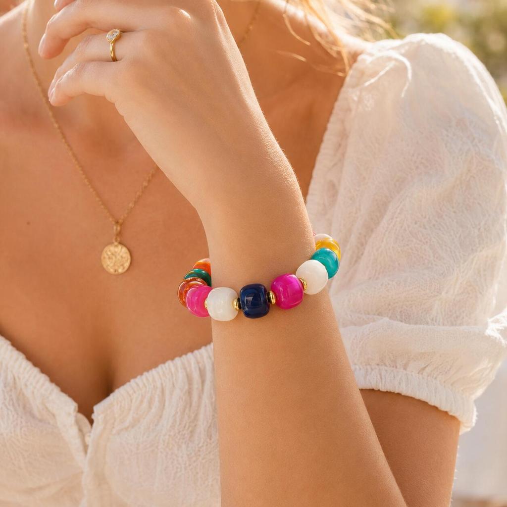 Bohemian Multi Color Resin Bead Bracelet for Women,18K Gold Plated Stainless Steel, Waterproof Summer Beach Vacation Jewelry