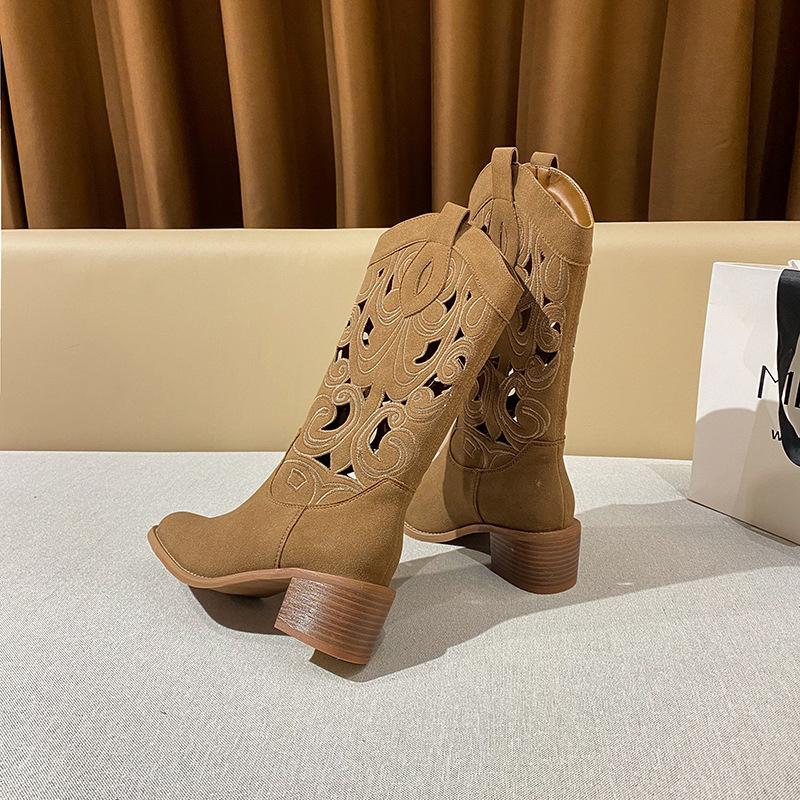 Embroidered Western Cowboy Boots Coarse Heel V Mouth Hole Knight Boots Vintage Size Breathable Women's Boots - Fat