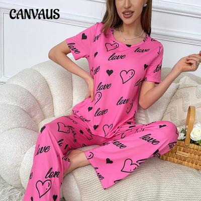 Conjunto de pijama de seda con estampado de amor y manga corta y pantalones largos para mujer