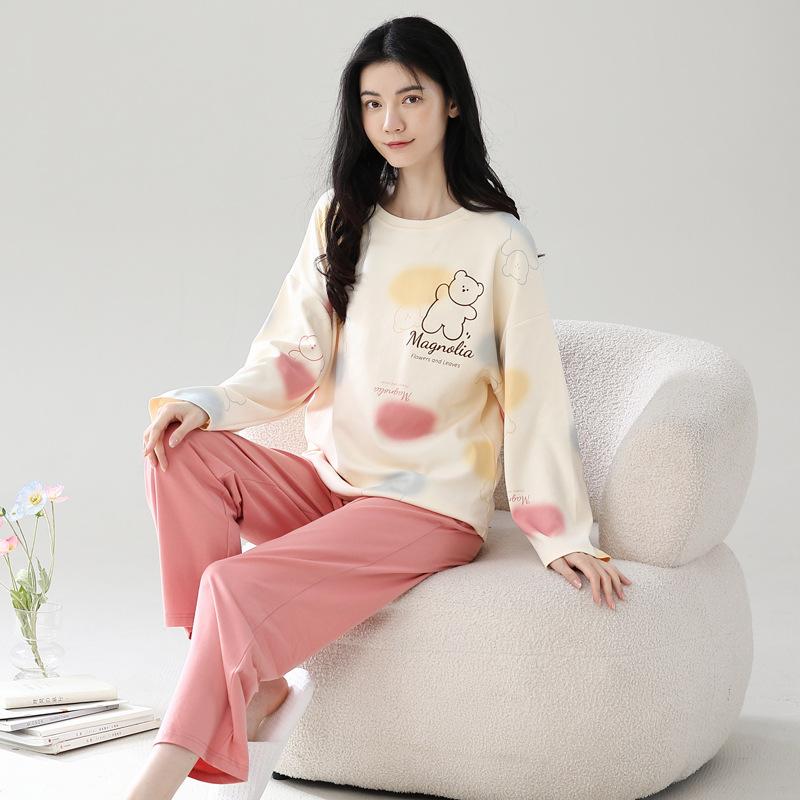 Cotton Pajamas Set Women Loose Fit Sleepwear Long Sleeve Two-Piece Loungewear Home Wear Comfortable Outfit Plus Size Options Breathable Fabric