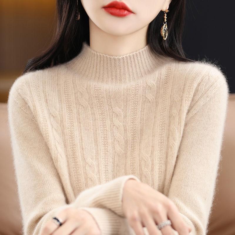 Autumn and Winter Half High Collar Wool Pullover Fried Dough Twists Casual Sweater Versatile Long Sleeve Knitwear