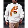 Men's Halloween White Crew Neck Sweatshirt with Skeleton Hand and Pumpkin Print, Casual Wear and Parties, Plus Size.