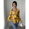 DAFIFY Women's Fashion Casual Spring Autumn Flower Pattern Print Long Sleeve V-Neck Blouses & Shirts