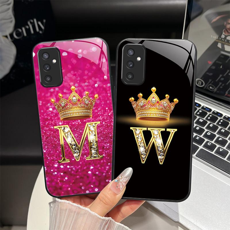 For Samsung M52 5G Case Galaxy M14 SM-M526B SM-M146B Phone Case ShockProof Fashion Initial Letter Hard Tempered Glass Back Cover
