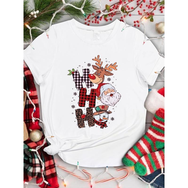 Santa Claus Novel H Letter Snowman Reindeer Graphic Breathable Print Round Neck Short Sleeve Christmas T-Shirt Casual Shirt New Women's Holiday Top