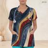 Women Plus Size Printed Nurse Scrub Top V Neck Short Sleeve With Front Pockets