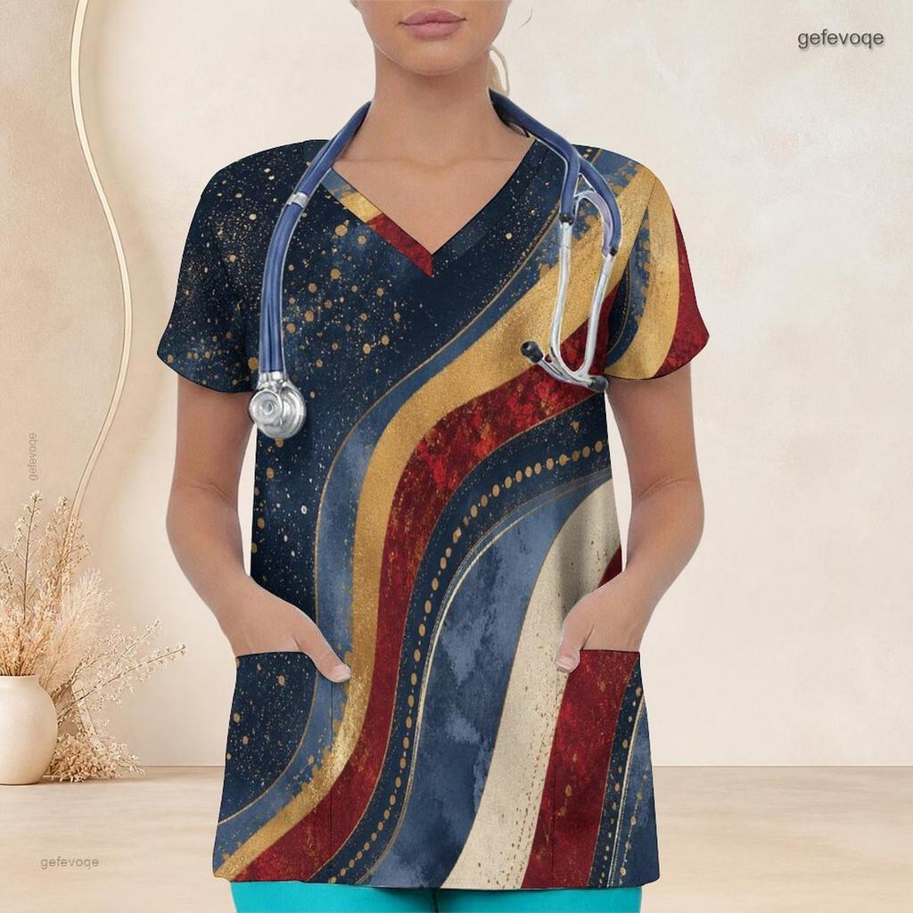 Women Plus Size Printed Nurse Scrub Top V Neck Short Sleeve With Front Pockets