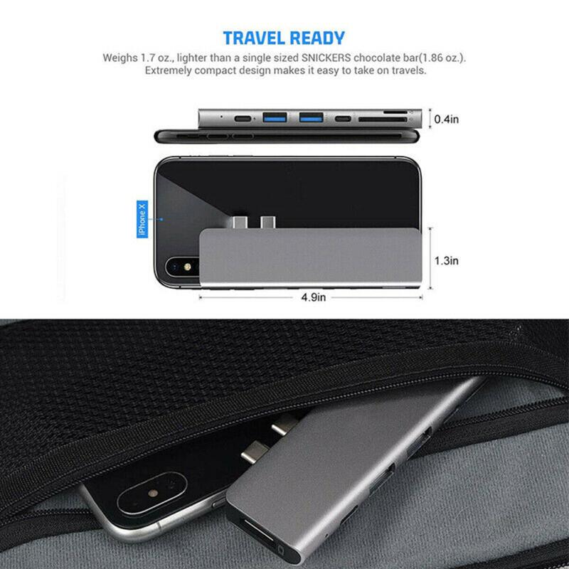 Aluminium Dual Usb-c Hub 7-in-1  Usb 3.1 Adapter Base Sd Card Reader Silver