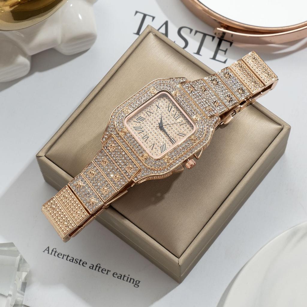 L77 Watch For Men Fashion Luxury Gold Square Diamond Full Sky Star Male's Clock Watches Steel Band Quartz Wristwatch