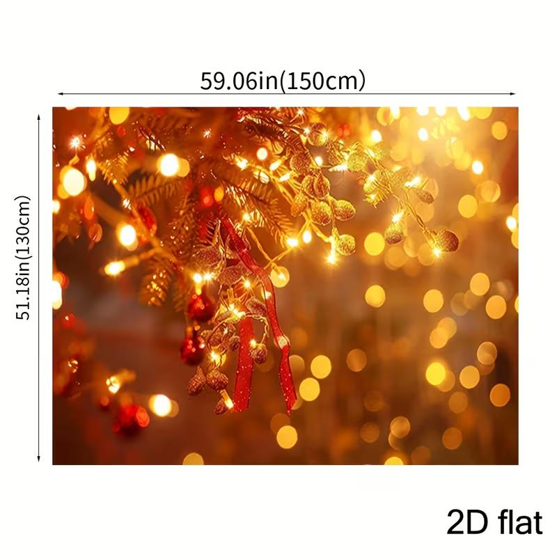 2D Flat Print Christmas Bokeh Backdrop Warm Golden Lights Pine Branch Photography Background