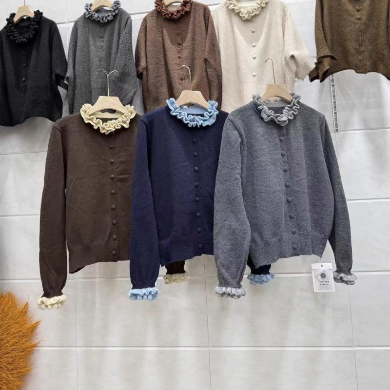 Elegant 2026 Autumn Winter Color Block Knit Cardigan for Women with Ruffle Lace Collar - Slimming and Stylish Outerwear Top