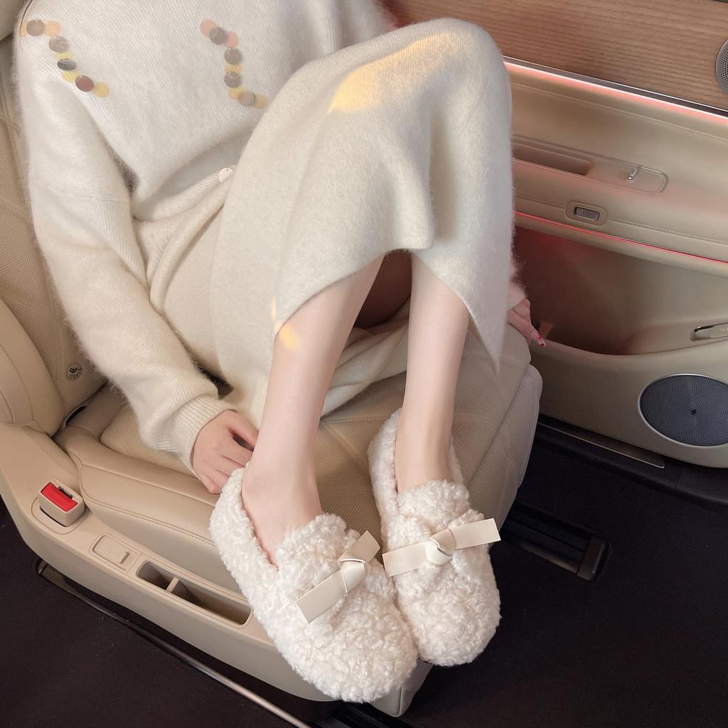 New Women's Single Shoes Wind One Pedal Fairy Bow Flat Bottom Velvet 2025 Fluffy Shoes Women's Warm Autumn and Winter Cotton Shoes