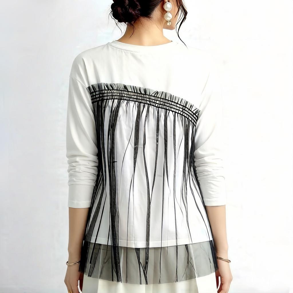 2026 New Spring and Autumn Women's Simple Casual Mesh Patchwork Long Sleeve Round Neck Pullover T-Shirt