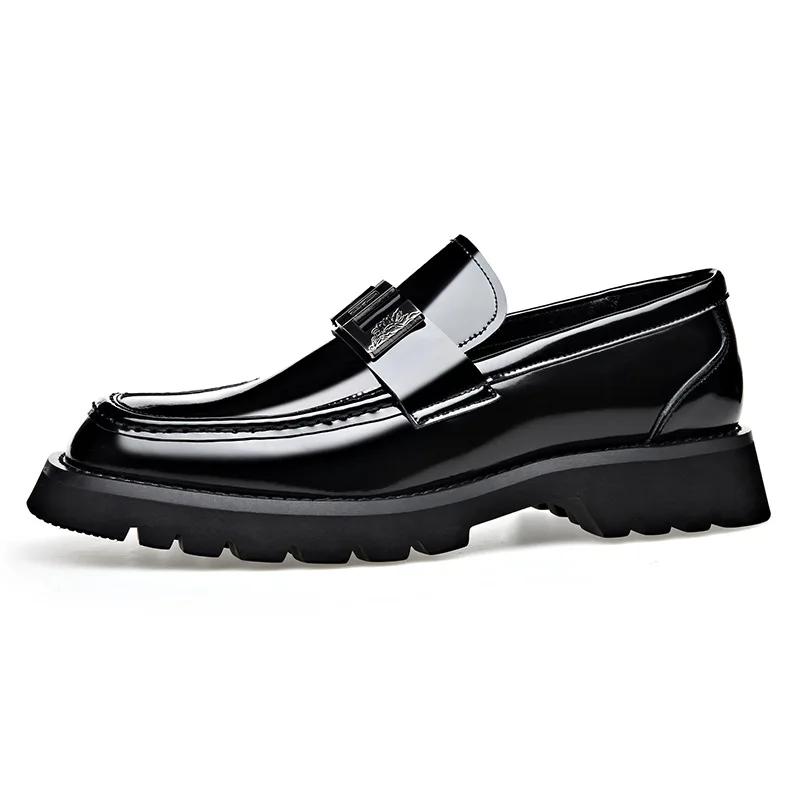 FashionDesigner New Thick Soled Bright Metal Men's Loafers Fashion Square Head Leather Lightweight Slip-on Retro Plus-size Man Shoes