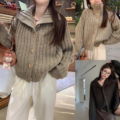 Thicken Winter WomenTurtleneck Short Jacket Vintage Khaki Bull Horn Button Sweater Coats Korean Fashion Women Loose Cardigans