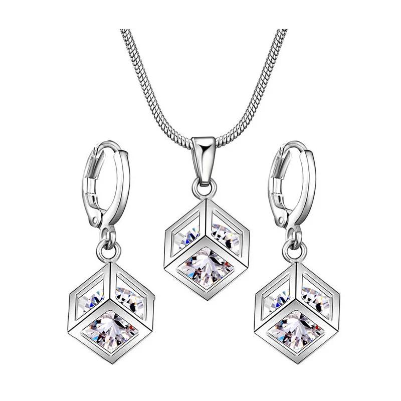 2pcs Set Fashion Personality Silver Color Cube Zircon Crystal Pendant Necklace Earrings for Women Stainless Steel Jewelry Sets