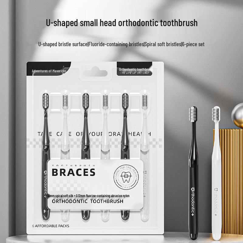 6-Pack U-Shaped Soft Bristle Orthodontic Toothbrushes for Teens & Adults