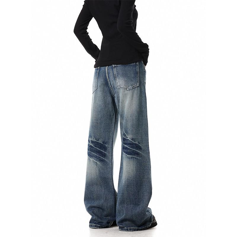 Vintage Washed Whiskered Unisex Straight-Leg Micro Flare Floor-Length Jeans