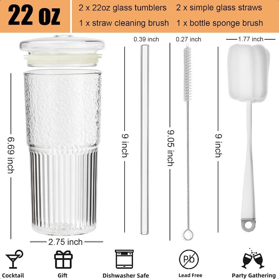 Glass Cups with Lids and Straws 22 Oz High Borosilicate Clear Iced Coffee Glass Tumblers Drinking Glass Smoothie Tea Water Cups