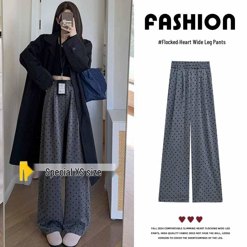 Dark Grey Heart Pattern Wide Leg High Waist Petite Women's Trousers - Spring/Summer Casual Straight Leg Floor Length Pants