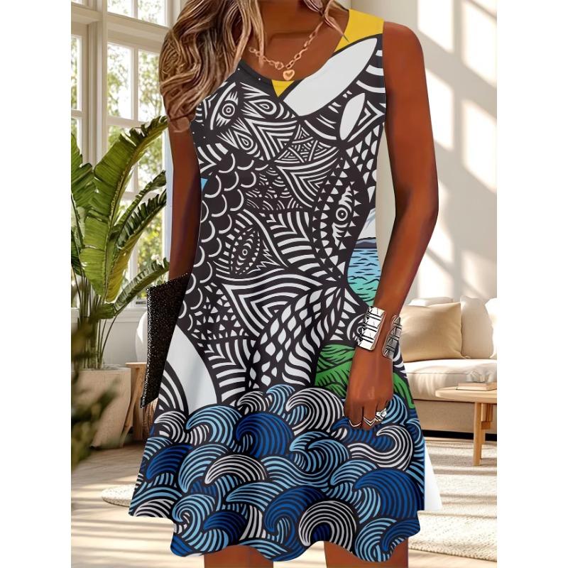 Fashion Women's Dress Casual Beach Round Neck Sleeveless Loose Dress Summer Women's Vest Print Dress Sundress