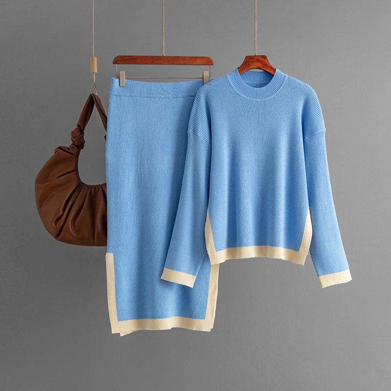 

Осенне-зимний свободный свитер-пуловер с высоким воротником, однотонный женский трикотажный комплект из двух предметов с длинными рукавами и широкой юбкой One Size синий