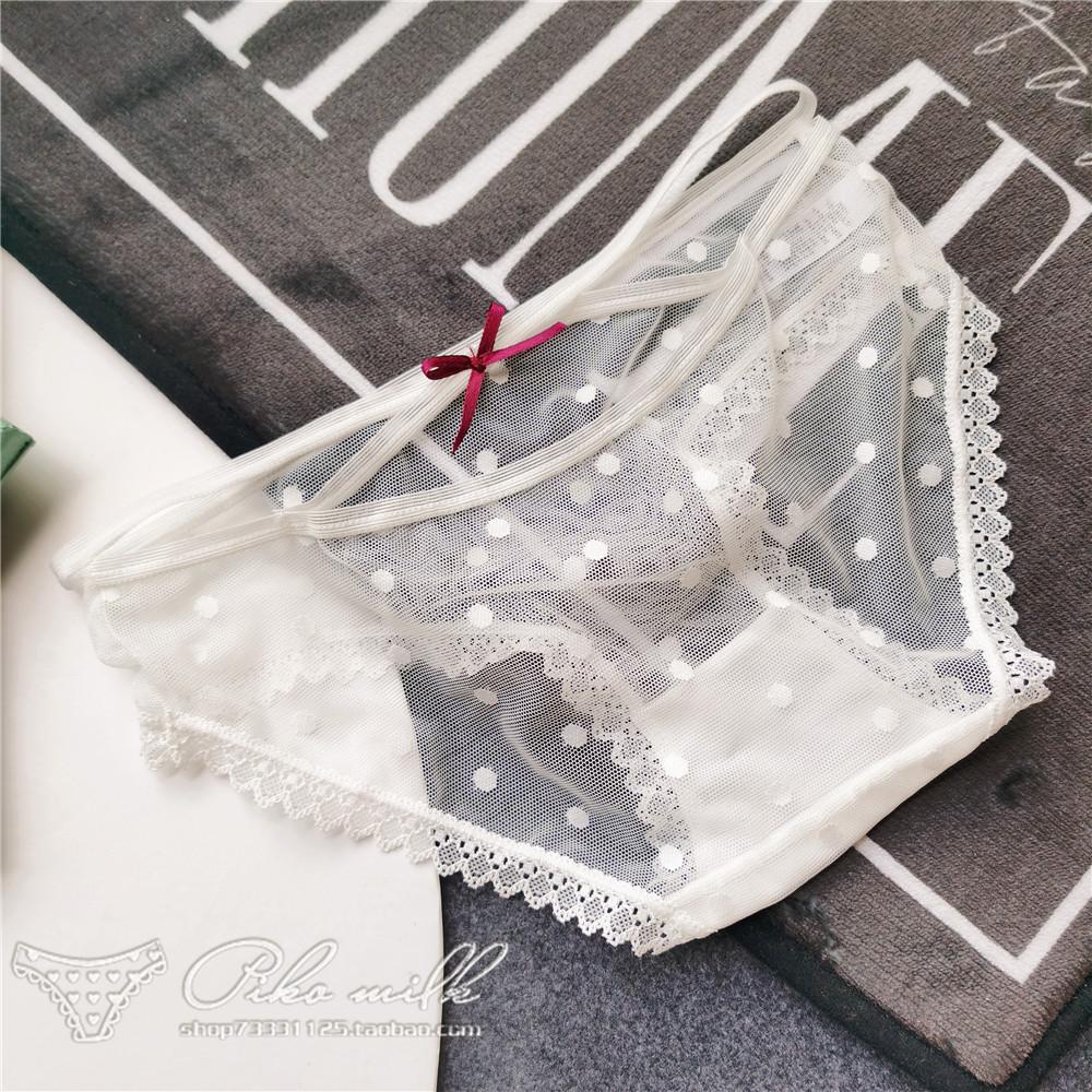 Roztomilé krajkové spodní prádlo s puntíkovanou síťovinou, s průstřihy a křížením na zádech, kalhotky s nízkým pasem, sexy roztomilé dámské kalhotky