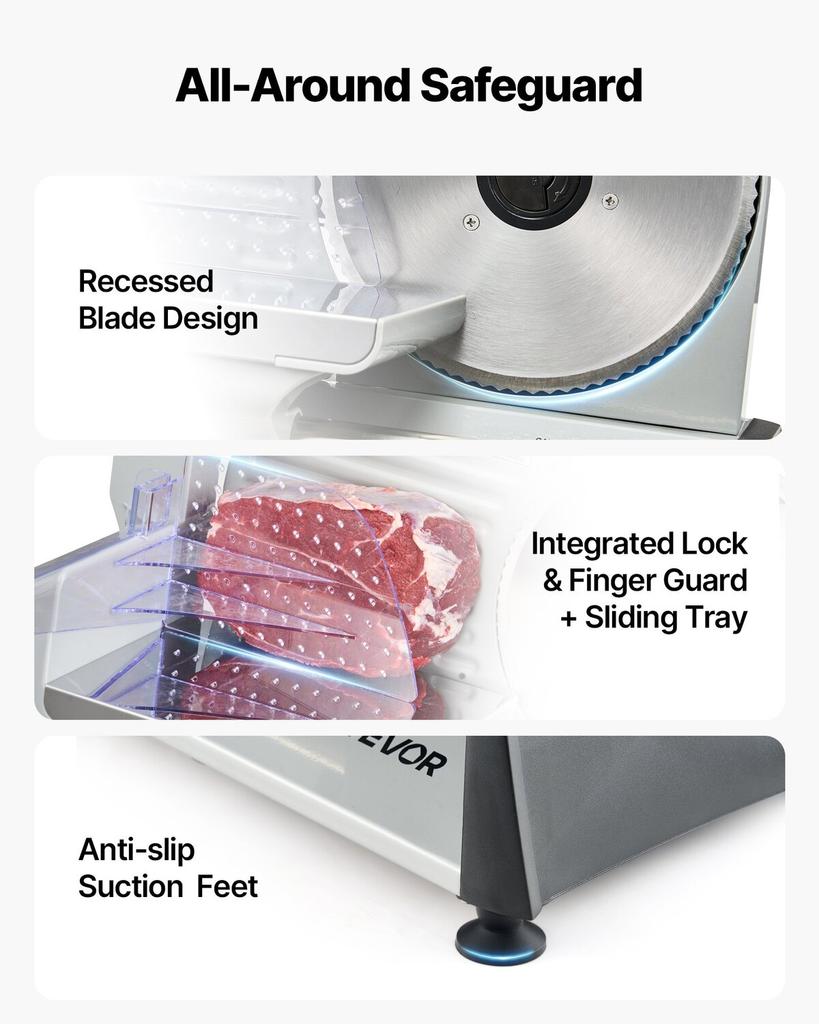Meat Slicer, 200W Electric Deli Slicer Machine with 190 Mm Sharp Blade, Home Meat-Slicer with 70-100 RPM Slicing Speed, 0-15 Mm Adjustable Thickness,