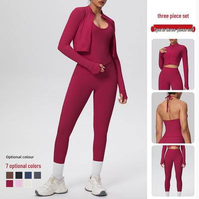 Sexy Strappy Tank & Zipper Jacket with High-waisted Nude Yoga Pants - Skin-friendly & Perfect for Fitness