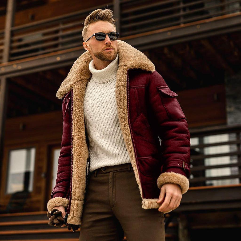 Men's Fur One-piece Thickened Mid-length Jacket Imitation Leather