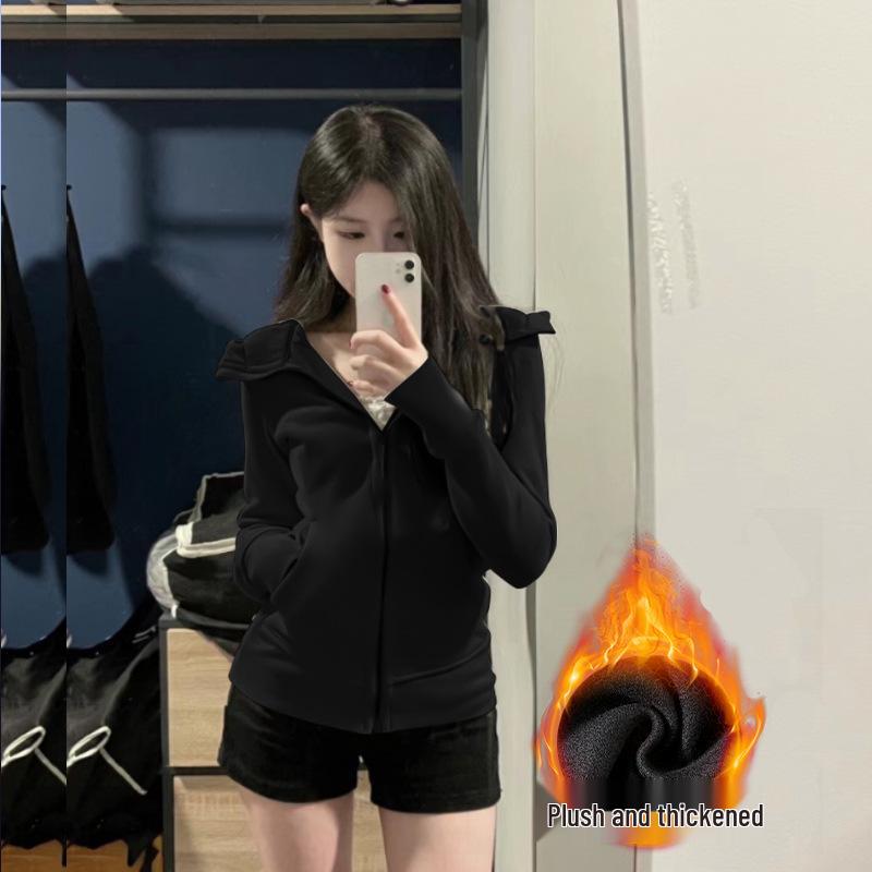 Women's Bone White Slim Fit Jacket - Waist-Hugging, Straight Shoulder, 2025 Korean Style Autumn/Winter Sweatshirt