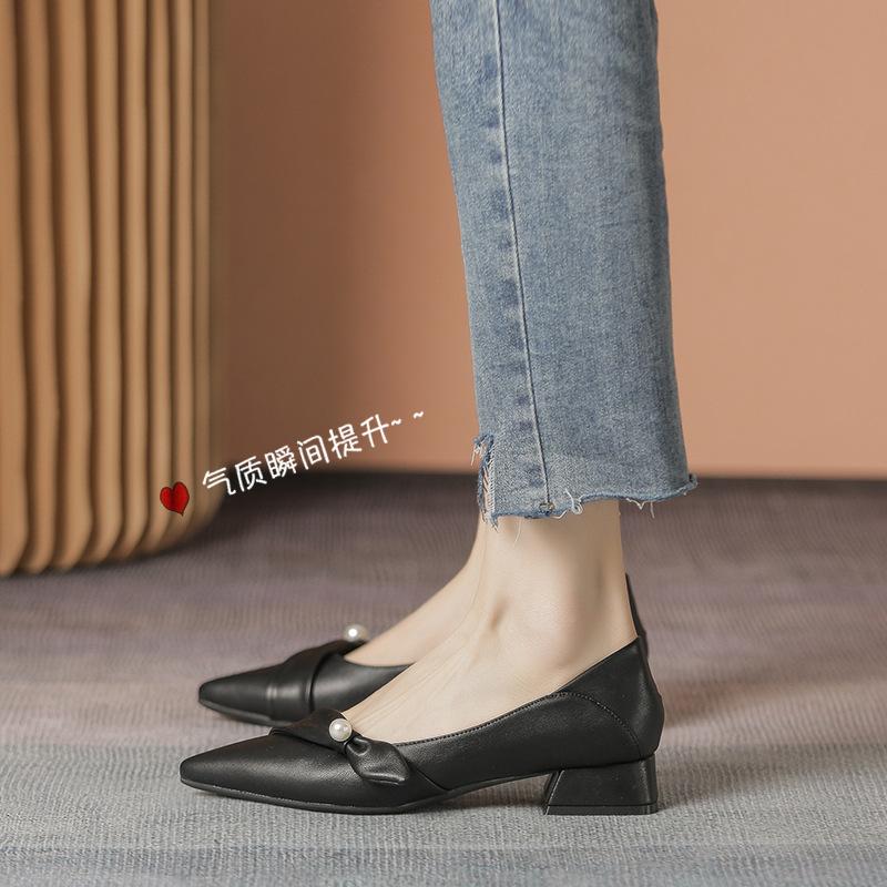 Genuine Leather Women's Shoes Elegant Casual Office Black Shoes Ladies Thick Heel Woman Pointed Toe Fashion Dress Party Pumps
