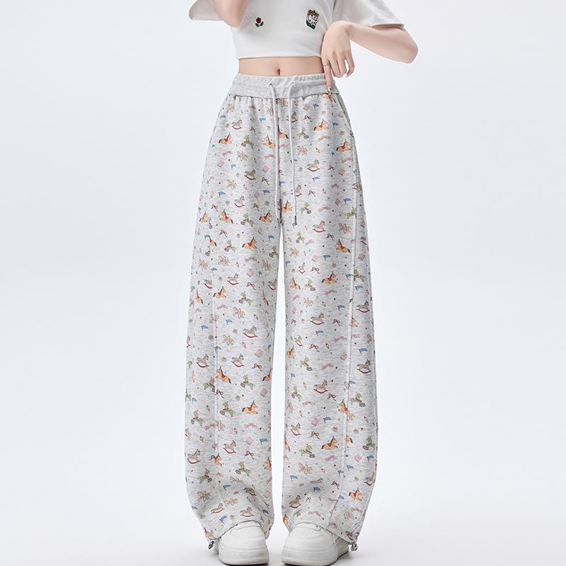 Little Horse Cartoon Wide-Leg Graffiti Sweatpants - 2026 Spring Collection: Women s Loose Casual Slimming Sportswear Medium