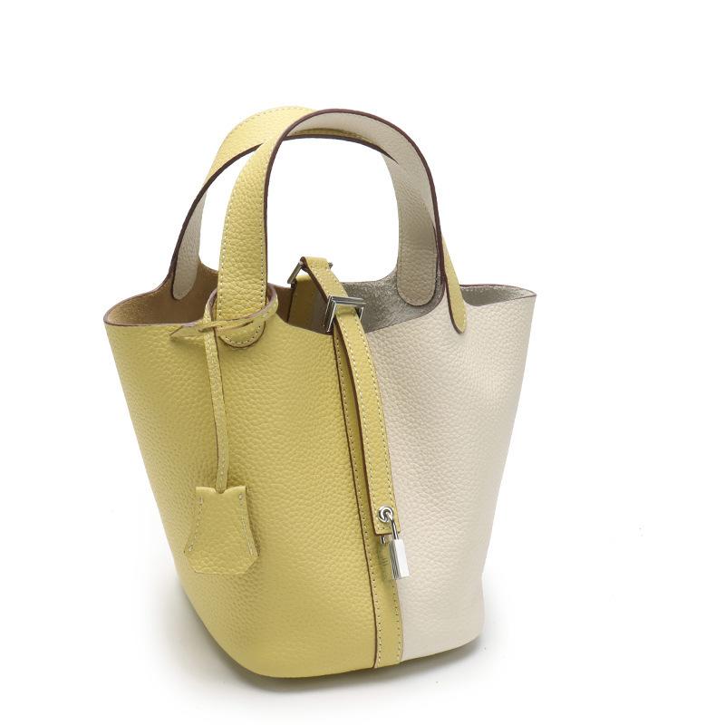 New leather first layer lychee pattern cowhide color matching vegetable basket women's bag fashion hand bag handbag bucket bag
