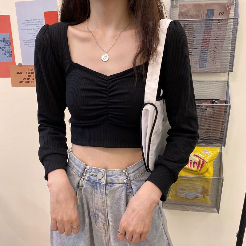 

Short T-shirt, Long-sleeved Scheming Bottoming Shirt, Women s Autumn and Winter Slim-fitting Square-neck Top S червоний