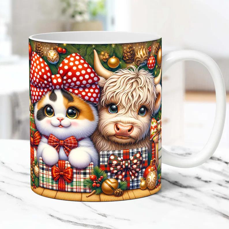 3D Schwarze Katze Schwarze Katze Keramik Kaffee Tasse Highland Rind Weihnachtsmütze Kuh