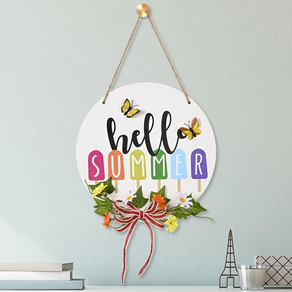 Hello Summer Wooden Door Sign with Bow Wreath 30cm Rustic Home Decor