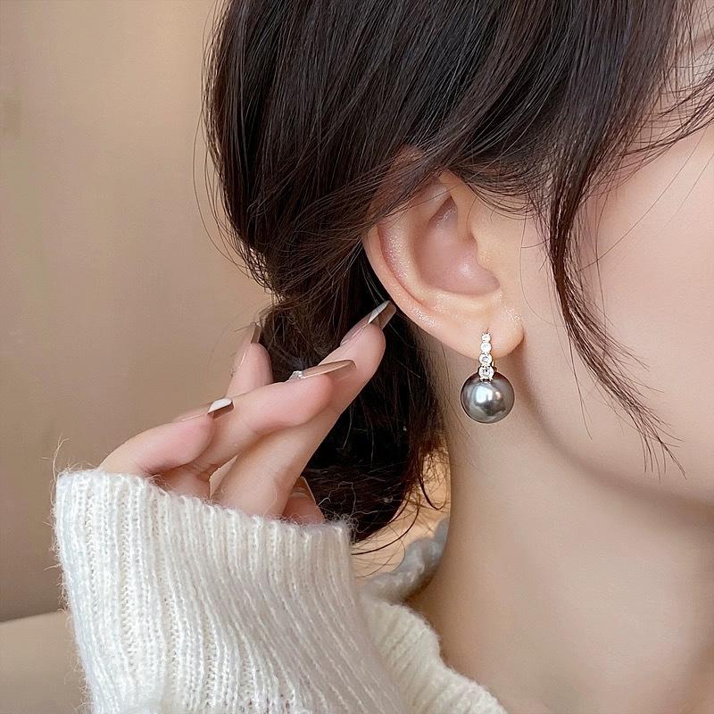 Korean Gray Zircon Pearl Pendant Earrings For Women Elegant Round Crystal Temperament Earrings Jewelry Birthday Gifts 2025