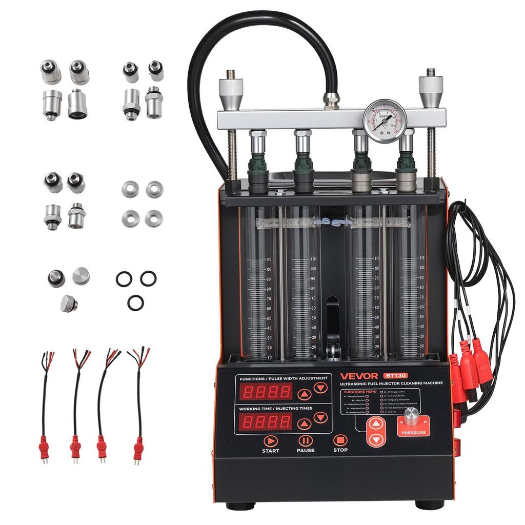 Fuel Injector Cleaner Tester, 9 Test Modes, 4-Cylinder 28kHz Ultrasonic Cleaning Machine, Automotive Injector Cleaner Machine with Drain Valve and 12V