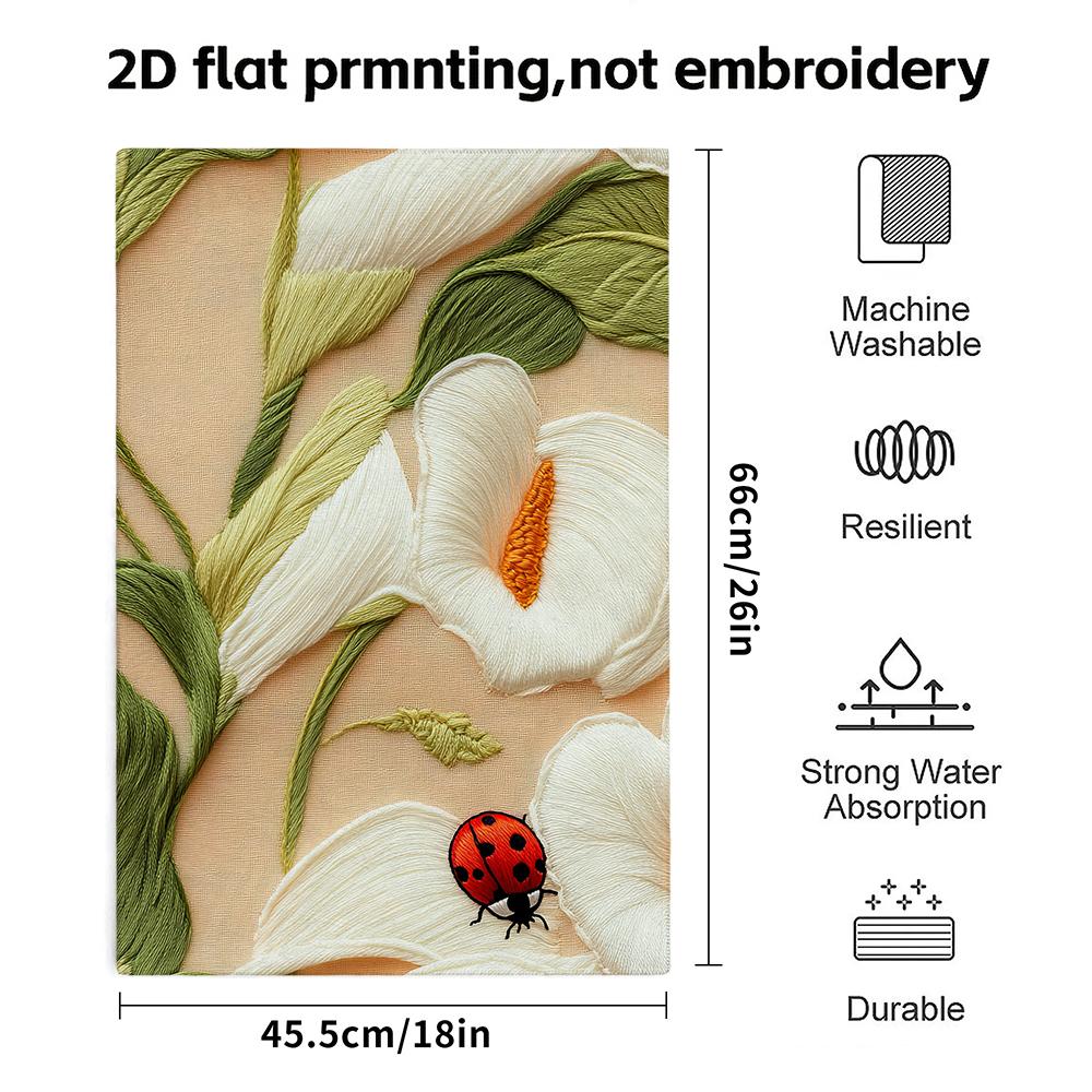 Peach Base White Calla Lily Ladybug Embroidery Bath Towel, Soft Absorbent Decor Bathroom Hand Towel