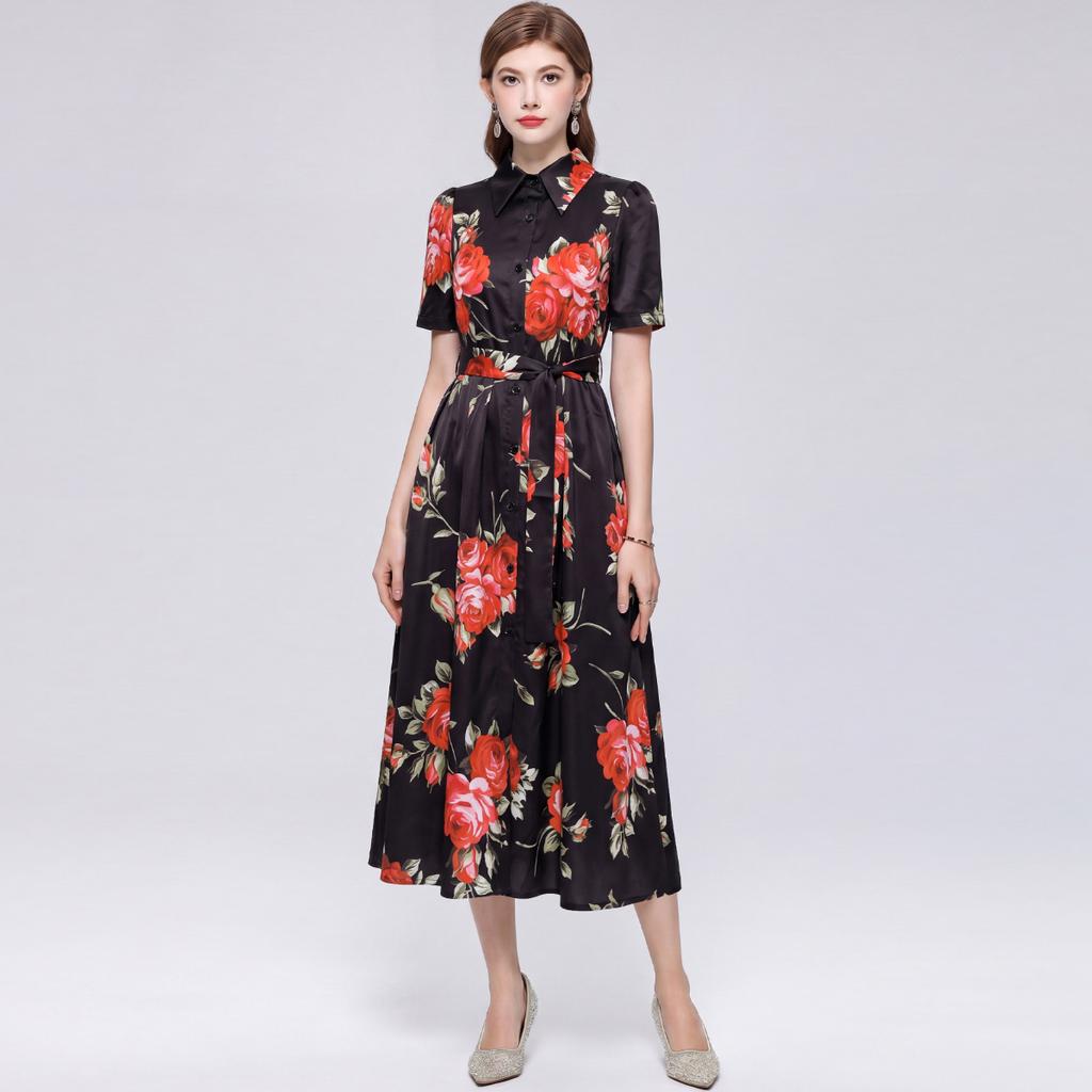 Elegant Gorgeous Flower Print Shirt Dress Women Summer Short Sleeve Collar Midi Dress with Sash Belt Vintage Style Party Wear