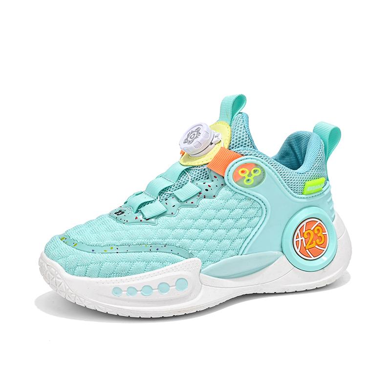 Sapatos novos infantis Superfície de malha respirável Sapatos de bola azuis acolchoados Sapatos esportivos estudantis Fivela rotativa Antiderrapantes Sapatos de corrida