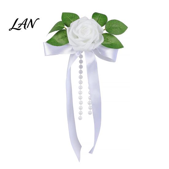 Cost Effective Wedding Decor Artificial White Rose Car Decoration, Door Handle & Rearview Mirror Flower Bouquet Flowers with Satin Ribbon Bow And Faux