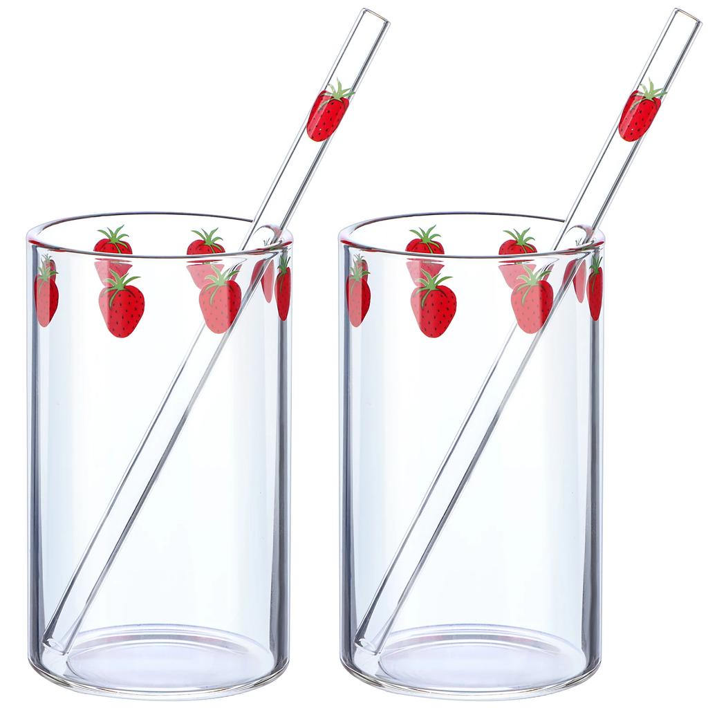 1-6pcs 300ml Strawberry Coffee Mugs Cute Glass Cup with Straw Creative Transparent Water Drinking Student Milk Gift Drinkware