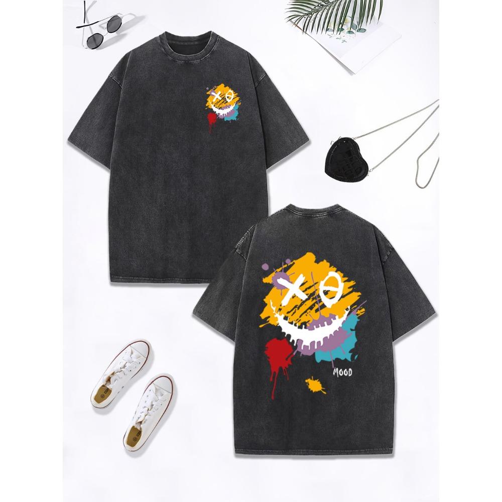 Happy Mood Paint Graffiti Prints Washed T-Shirt Women Cotton Oversized Tops Comfortable O-Neck Distressed Clothes