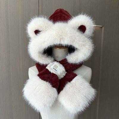 Ange Kola Red Cute Bear Ears Hat Scarf Integrated Thickened Warm Winter Hooded Student Plush Hat