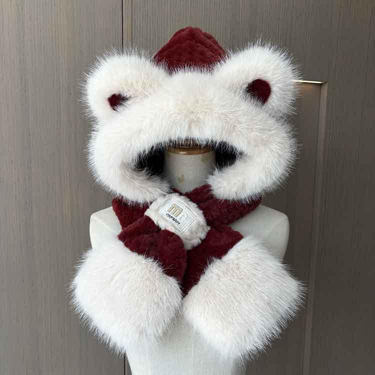 Ange Kola red cute bear ears hat scarf integrated thickened warm winter hooded student plush hat