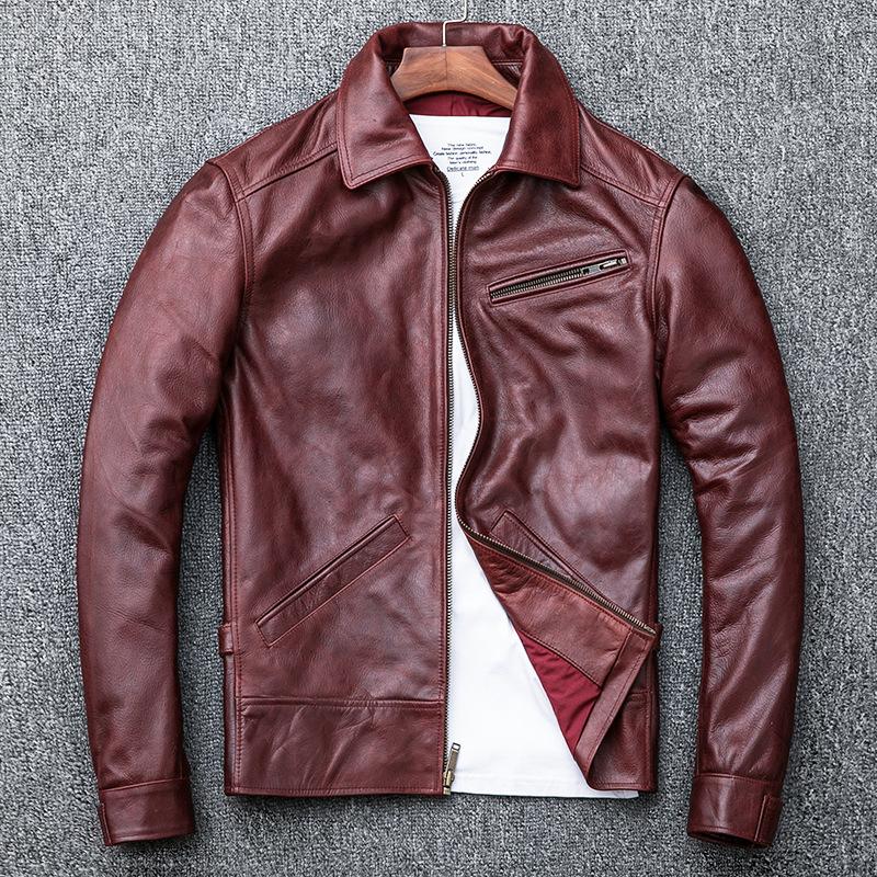 Men's Genuine Leather Jacket, First-layer Cowhide Retro Nostalgic Lapel Motorcycle Leather Jacket